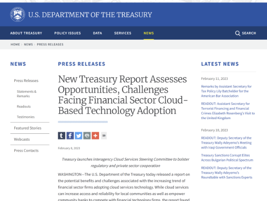米国財務省、金融機関のクラウド採用において課題を指摘する、初のレポートを公開。透明性に欠け、少数の事業者への集中などの指摘